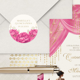 Pegatina Redonda Floral rosa caliente elegante Quinceanera