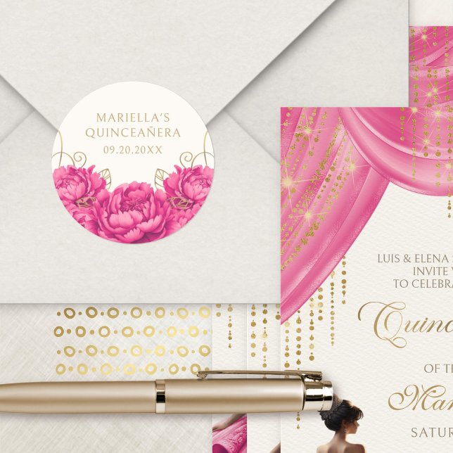 Pegatina Redonda Floral rosa caliente elegante Quinceanera (Subido por el creador)