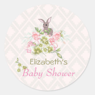 Pegatina Redonda Floral rosa Cute Bunny Baby Shower