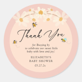 Pegatina Redonda Floral rosa Daisy Bees Baby Shower Gracias