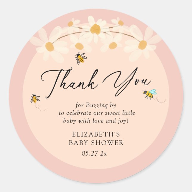 Pegatina Redonda Floral rosa Daisy Bees Baby Shower Gracias (Anverso)