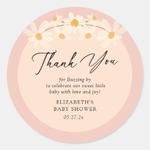 Pegatina Redonda Floral rosa Daisy Bees Baby Shower Gracias