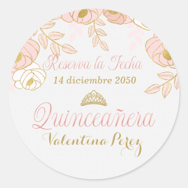 Pegatina Redonda Floral rosa Español Quinceanera Reserva la fecha (Anverso)