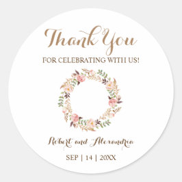Pegatina Redonda Floral rosa gracias por venir Boda