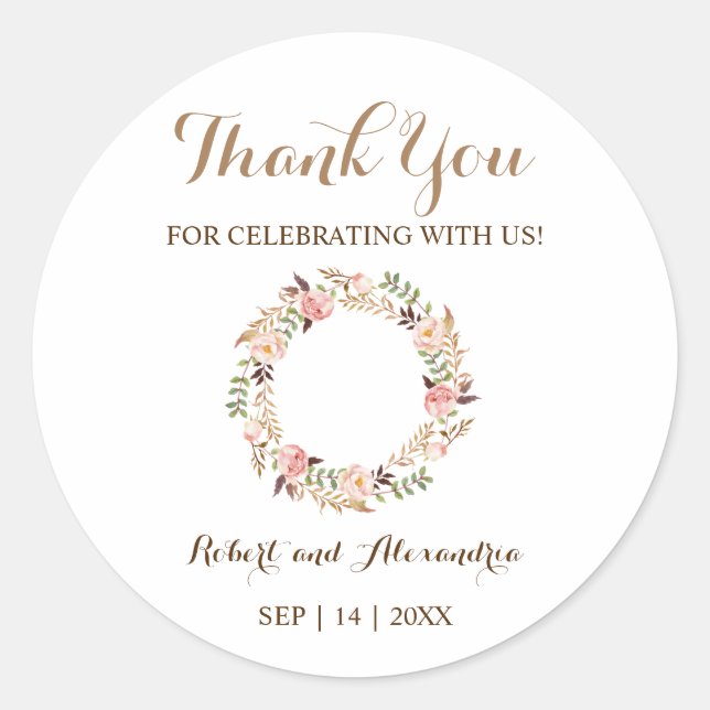 Pegatina Redonda Floral rosa gracias por venir Boda (Anverso)