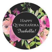 Floral rosa hojas verdes negro feliz quinceañera