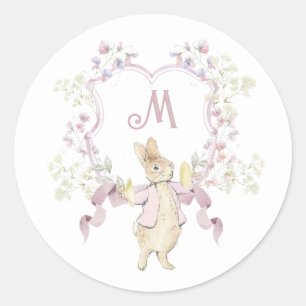 Pegatina Redonda Floral rosa Peter el Monograma Conejo Baby Shower