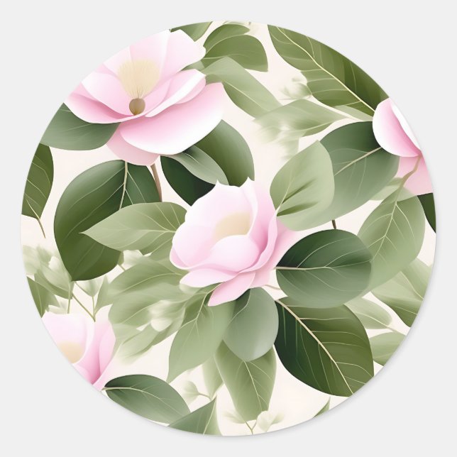 Pegatina Redonda Floral rosa suave con patrón de hojas de eucalipto (Anverso)