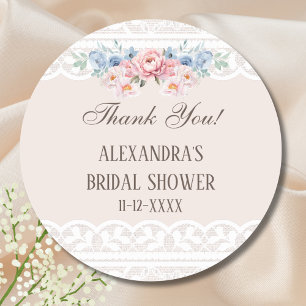 Pegatina Redonda Floral rosa Vintage Lace Bridal Shower Gracias