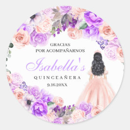 Pegatina Redonda Floral rosa y morada Quinceanera Classic Round Sti