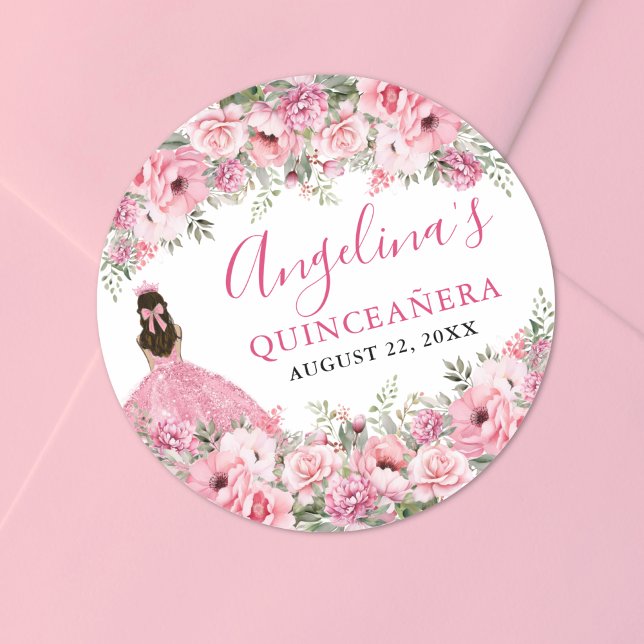 Pegatina Redonda Floral Rose Pink Quinceanera (Floral Rose Pink Quinceanera Classic Round Sticker)
