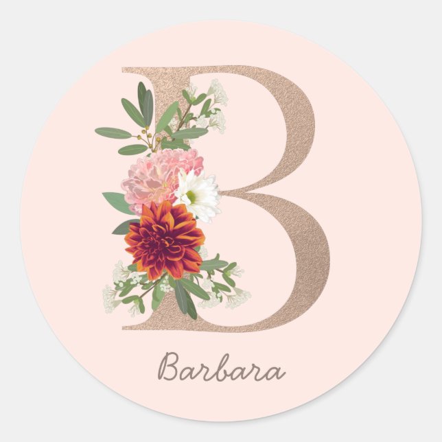 Pegatina Redonda Floral rubor floral carta personalizada " B " (Anverso)