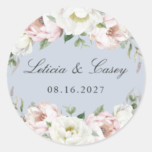 Pegatina Redonda Floral Rubor White Peony Dusty Blue Boda