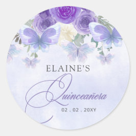 Pegatina Redonda Floral Rusa Purple Lilac Butterflies Quinceanera
