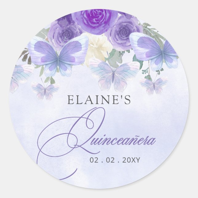 Pegatina Redonda Floral Rusa Purple Lilac Butterflies Quinceanera (Anverso)