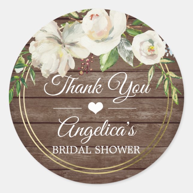 Pegatina Redonda Floral Rusal White Wood Bridal Shower (Anverso)