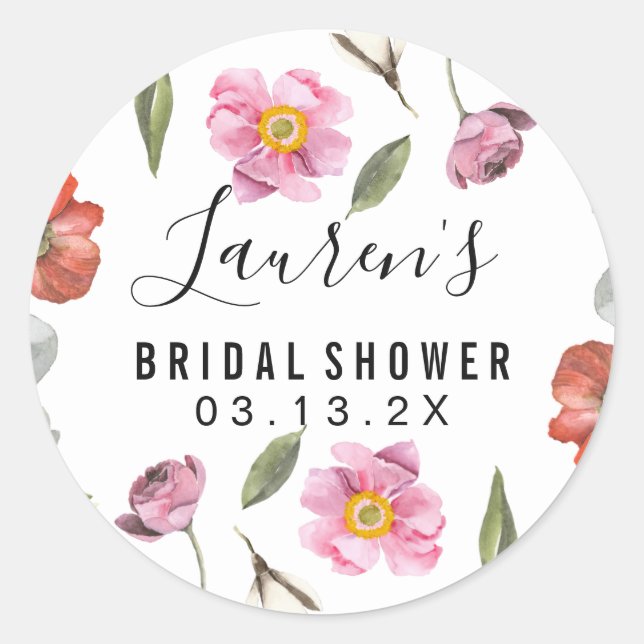 Pegatina Redonda Floral Script Bridal Shower (Anverso)