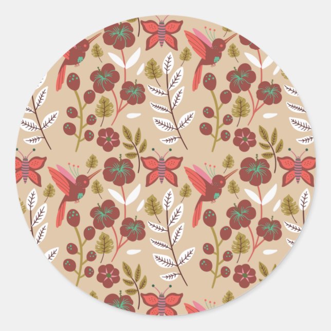 Pegatina Redonda Floral seamless pattern flowers, birds, butterfly (Anverso)