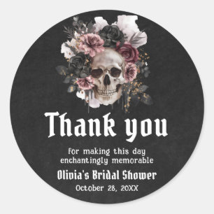 Pegatina Redonda Floral Skull Black Halloween Bridal Shower
