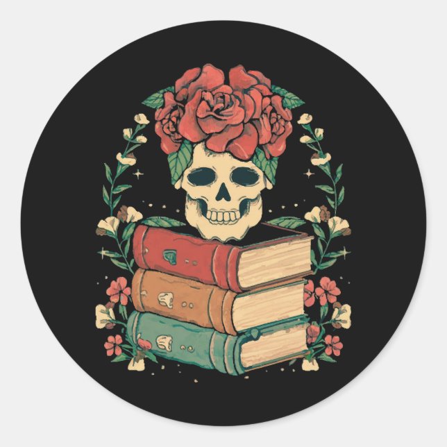 Pegatina Redonda Floral Skull en tus libros (Anverso)
