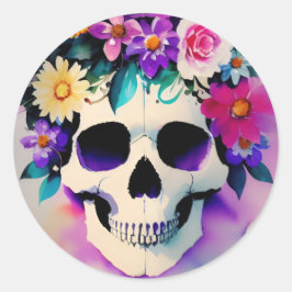 Pegatina Redonda Floral Skull Watercolor