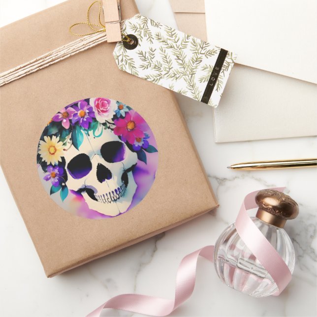 Pegatina Redonda Floral Skull Watercolor (Regalar)
