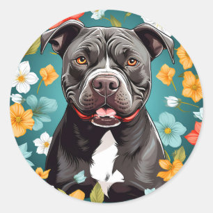 Pegatina Redonda Floral Staffordshire Bull Terrier