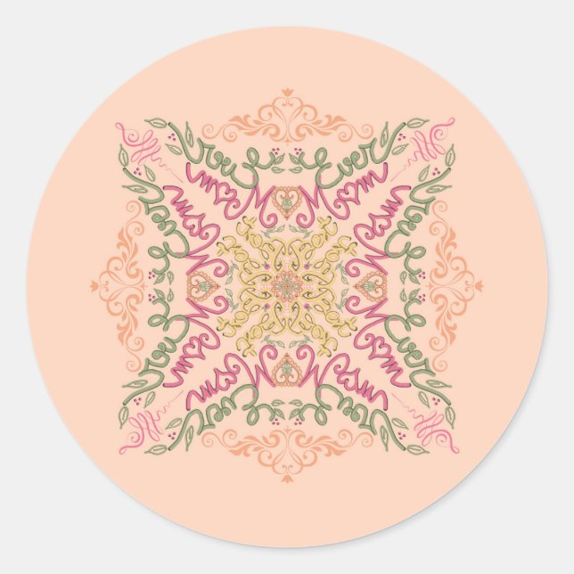 Pegatina Redonda Floral Suave melocotón caleidoscópico Script Mejor (Anverso)