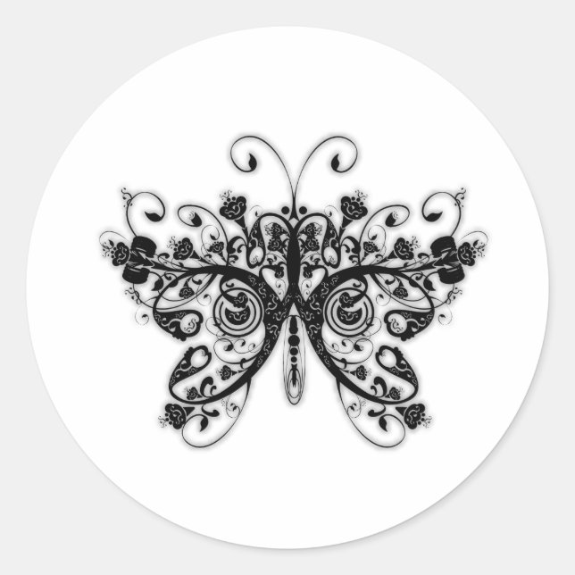 Pegatina Redonda Floral Swirls Butterfly - Blanco y negro (Anverso)
