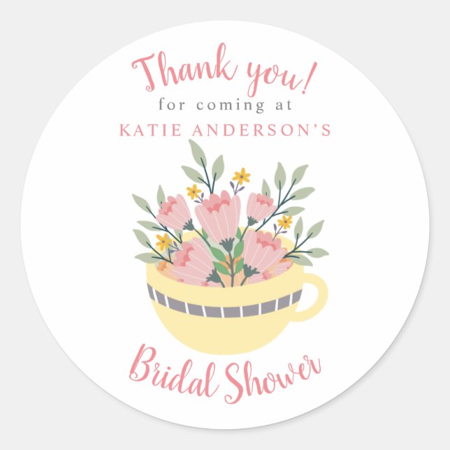 Pegatina Redonda Floral Tea Cup Caligrafía Bridal Shower (Anverso)