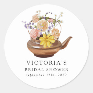 Pegatina Redonda Floral Teapot Bridal Shower