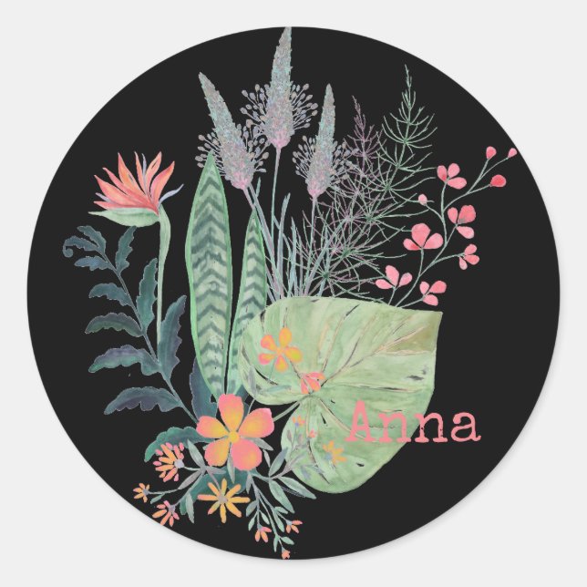 Pegatina Redonda floral tropical botánica personalizada (Anverso)