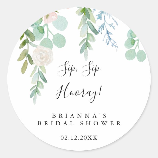 Pegatina Redonda Floral Tropical Sip Hooray Bridal Shower (Anverso)