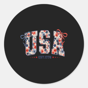 Pegatina Redonda Floral Usa Coquette Lazo Patriótico 4 De Julio Ame
