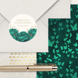 Pegatina Redonda Floral verde esmeralda elegante Quinceanera