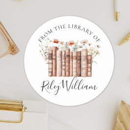 Pegatina Redonda Floral Vintage Book From the Library of Bookplate