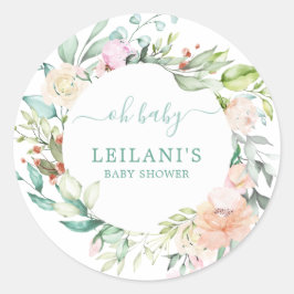 Pegatina Redonda Floral Watercolor Wreath Oh Baby Baby Shower