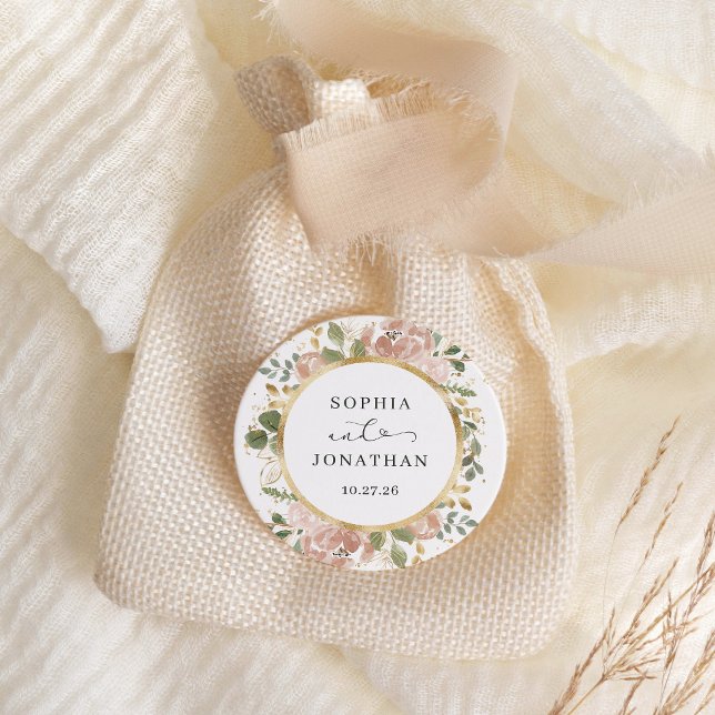Pegatina Redonda Floral y oro de acuarela neutra | BODA (An elegant, neutral watercolor floral and gold sticker)