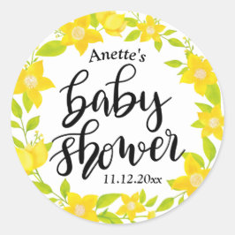 Pegatina Redonda Florales amarillos | Baby Shower manuscrito