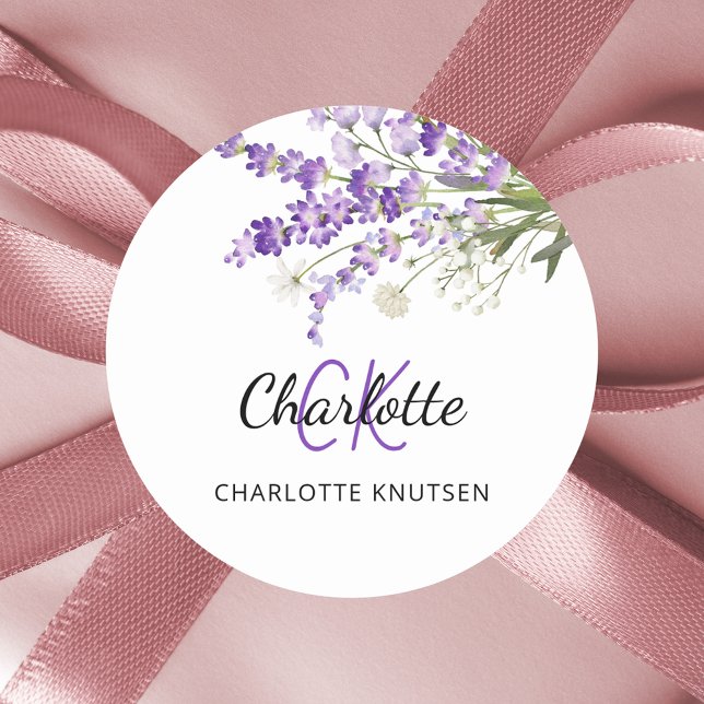 Pegatina Redonda Florales de lavanda monogramadas  (Subido por el creador)