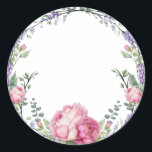 Pegatina Redonda Florales rosadas acuarela lavanda eucalipto<br><div class="desc">Un diseño elegante y vintage que presenta eucalipto,  lavanda y flores rosadas pintadas en acuarela romántica.</div>
