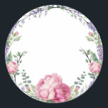 Pegatina Redonda Florales rosadas acuarela lavanda eucalipto<br><div class="desc">Un diseño elegante y vintage que presenta eucalipto,  lavanda y flores rosadas pintadas en acuarela romántica.</div>