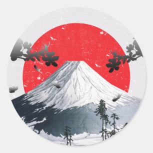 Pegatina Redonda Florecimiento de cerezos en el Fuji Japón