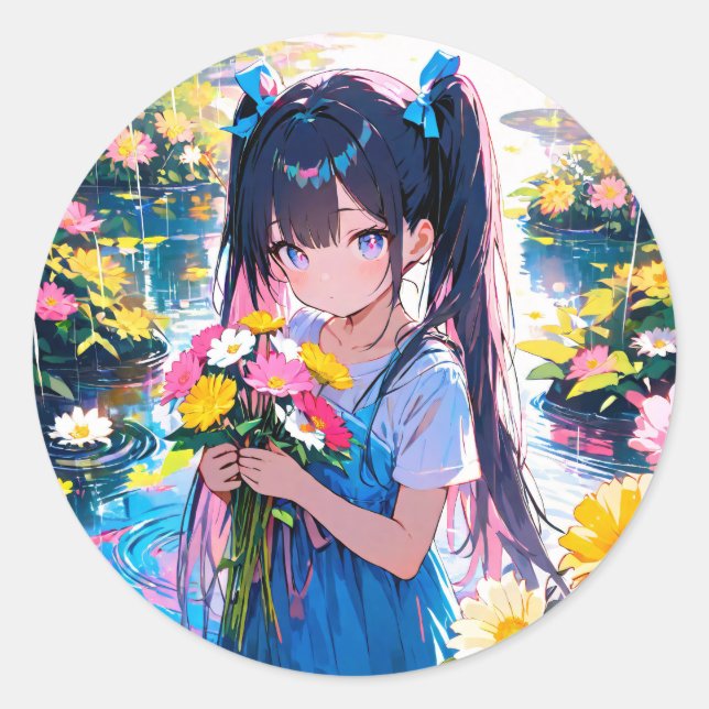 Pegatina Redonda Florecimiento de los días lluviosos (Anverso)