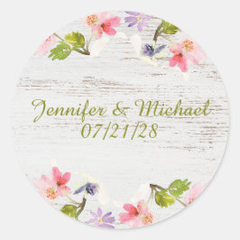 Pegatina Redonda Florencia rosa rústica en madera blanca