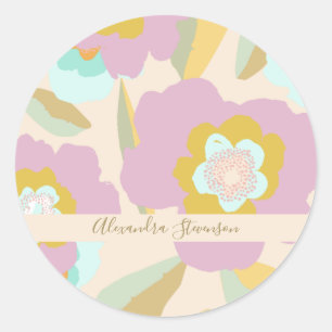 Pegatina Redonda Flores abstractas Pastel Floral Nombre personaliza