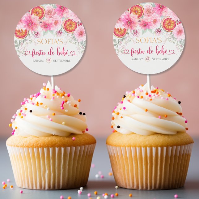Pegatina Redonda Flores Acuarela Rosa Cítricos Bebe Shower Español (Citrus and Pink watercolor flowers baby shower cupcake topper, girl baby shower in Spanish)