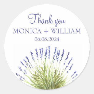Pegatina Redonda Flores acuarelas de lavanda hierbas púrpuras rústi