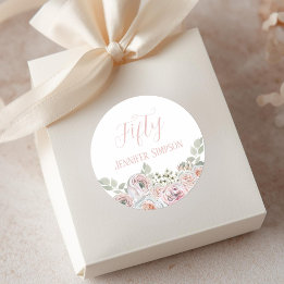 Pegatina Redonda Flores acuarelas delgadas en rosa pálido "Cincuent