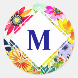 Pegatina Redonda Flores acuarelas monogramadas